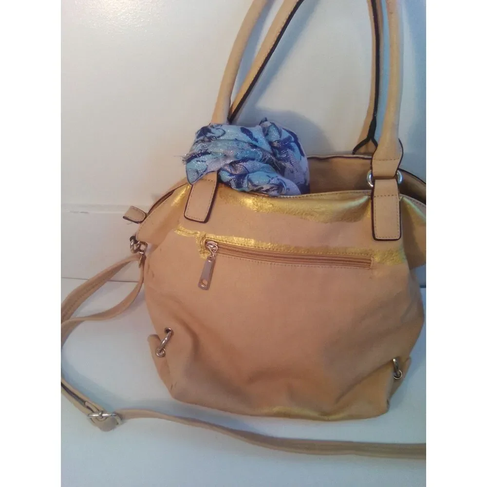 Quirky 3-Bag Bundle! Vegan Tote w/scarf & gold paint, Woven Purse, & Lancôme Bag